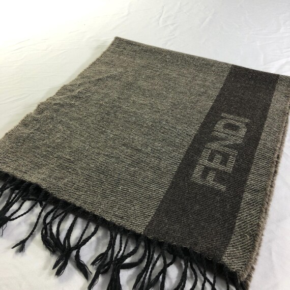 Vintage FENDI Wool Scarf Brown Grey Stripe Logo Pattern Made in