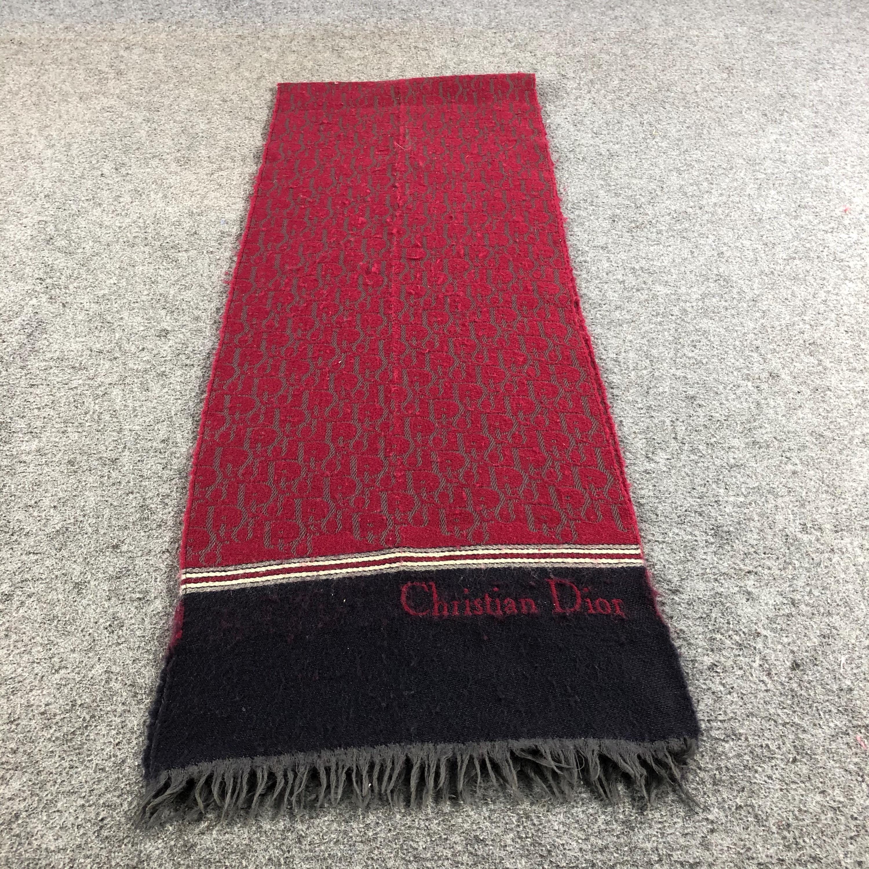 Vintage Christian Dior Oblique Scarf Burgundy & Navy Blue Wool