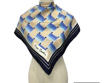 Vintage Pierre Cardin Silk Scarf, Blue Geometric Woven Design, Hand Rolled Hem, Mod 70s Fashion Accessory, Designer Luxury Square Scarf