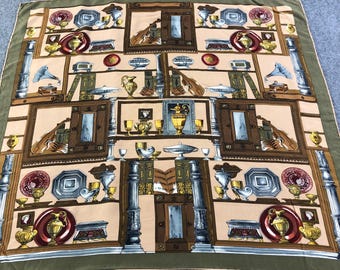 Vintage Classical Library Silk Scarf, Trompe L’oeil Music & Antiquities Print, Brown/Olive Green Head Wrap, Elegant Renaissance Style