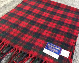 Wełniany szalik Vintage Pendleton, autentyczna krata Robertson Tartan, 100% dziewicza wełna, wyprodukowano w USA, zimowa chusta na szyję w czerwono-zielono-niebieską kratkę, 13x56