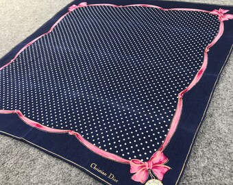 Vintage Christian Dior Handkerchief, Navy Blue Polka Dot Silk Scarf, Pink Ribbon Bow Design, Luxury Pocket Square, Authentic Dior accessory