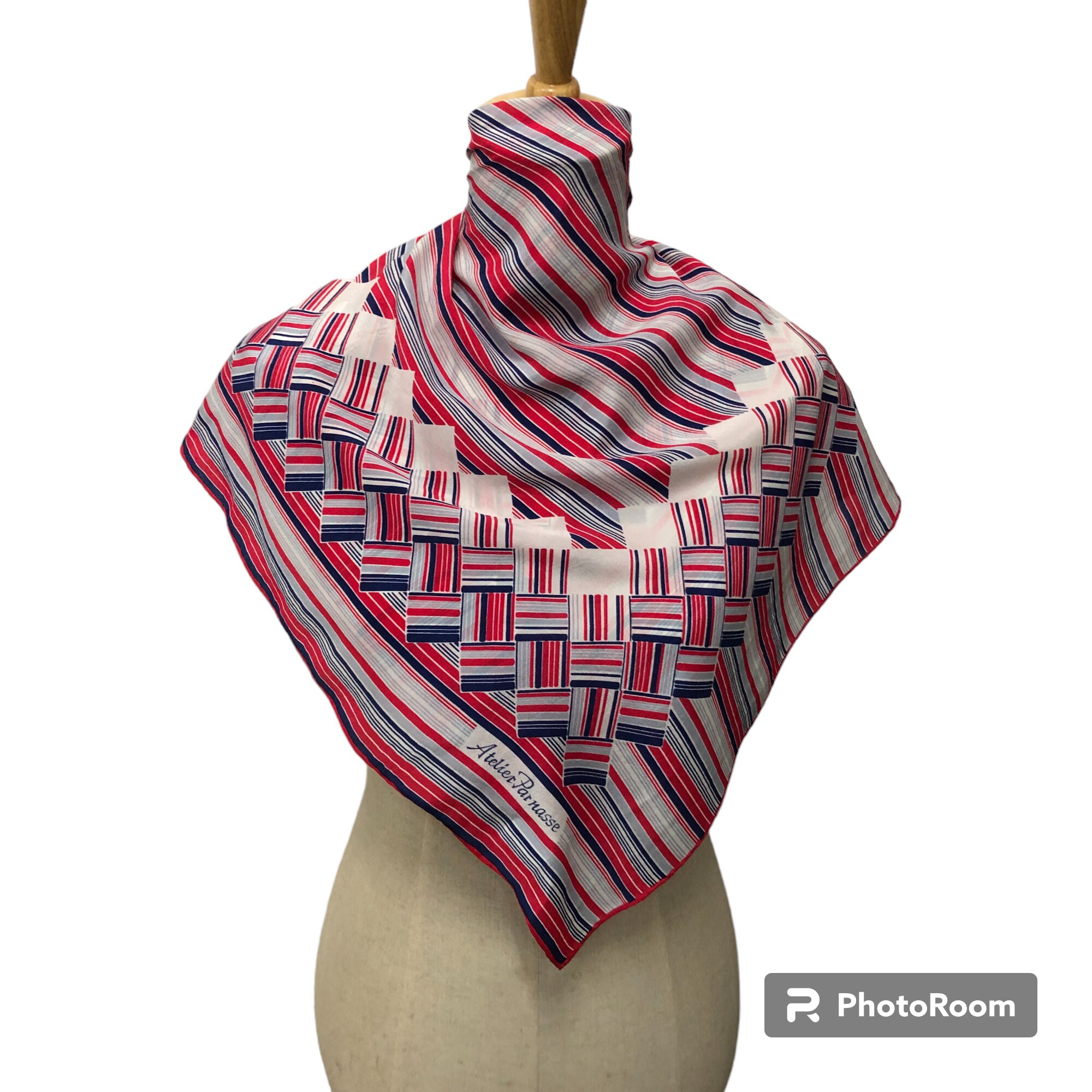 Vintage Atelier Parnasse Silk Scarf, Red White Blue Geometric