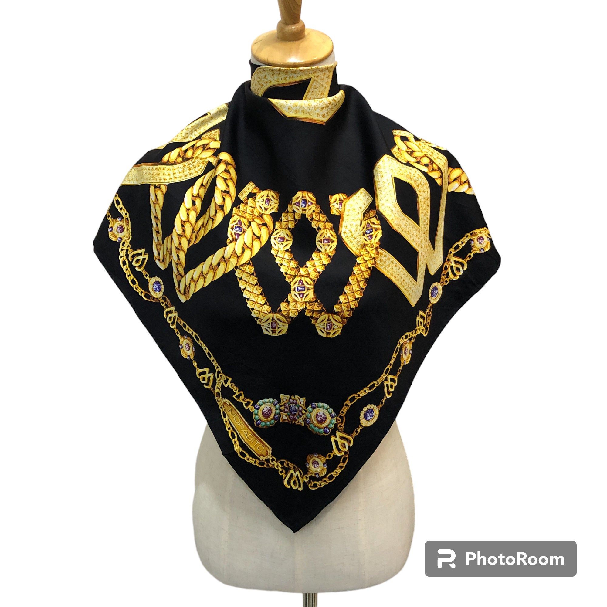 Vintage MORABITO Paris Silk Scarf, Black & Gold Jewel Chain Print