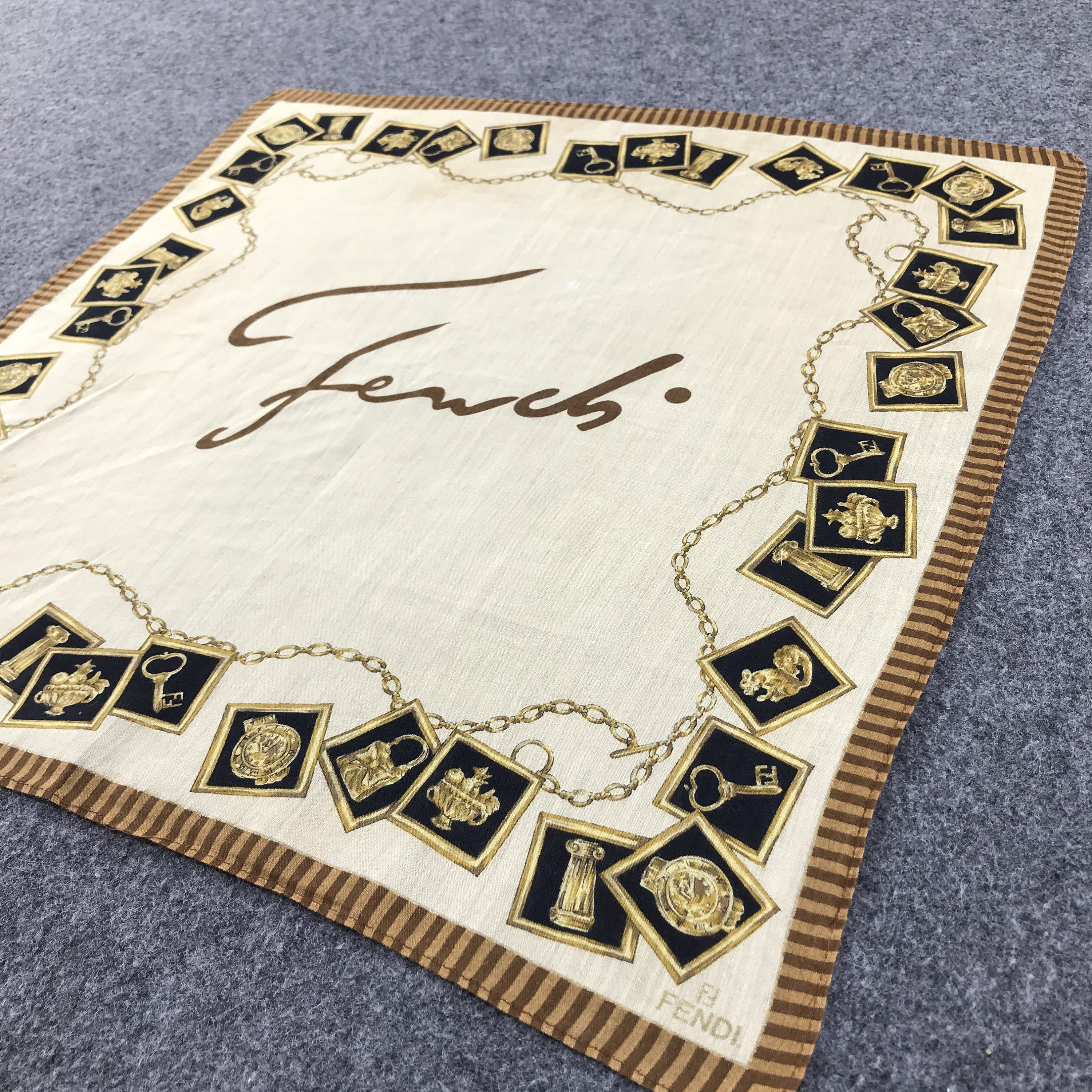 Vintage Fendi Silk Handkerchief, Authentic Zucca Border Pocket