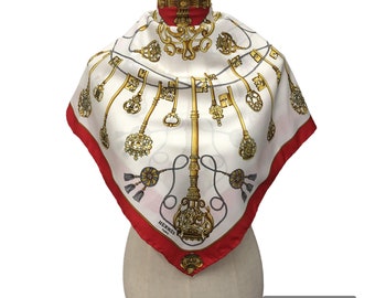 Vintage Authentic Hermes "Les Cles" Silk Scarf, Caty Latham Keys Design, Hand Rolled Edges, Red White Gold Luxury Carre, French Fashion Wrap
