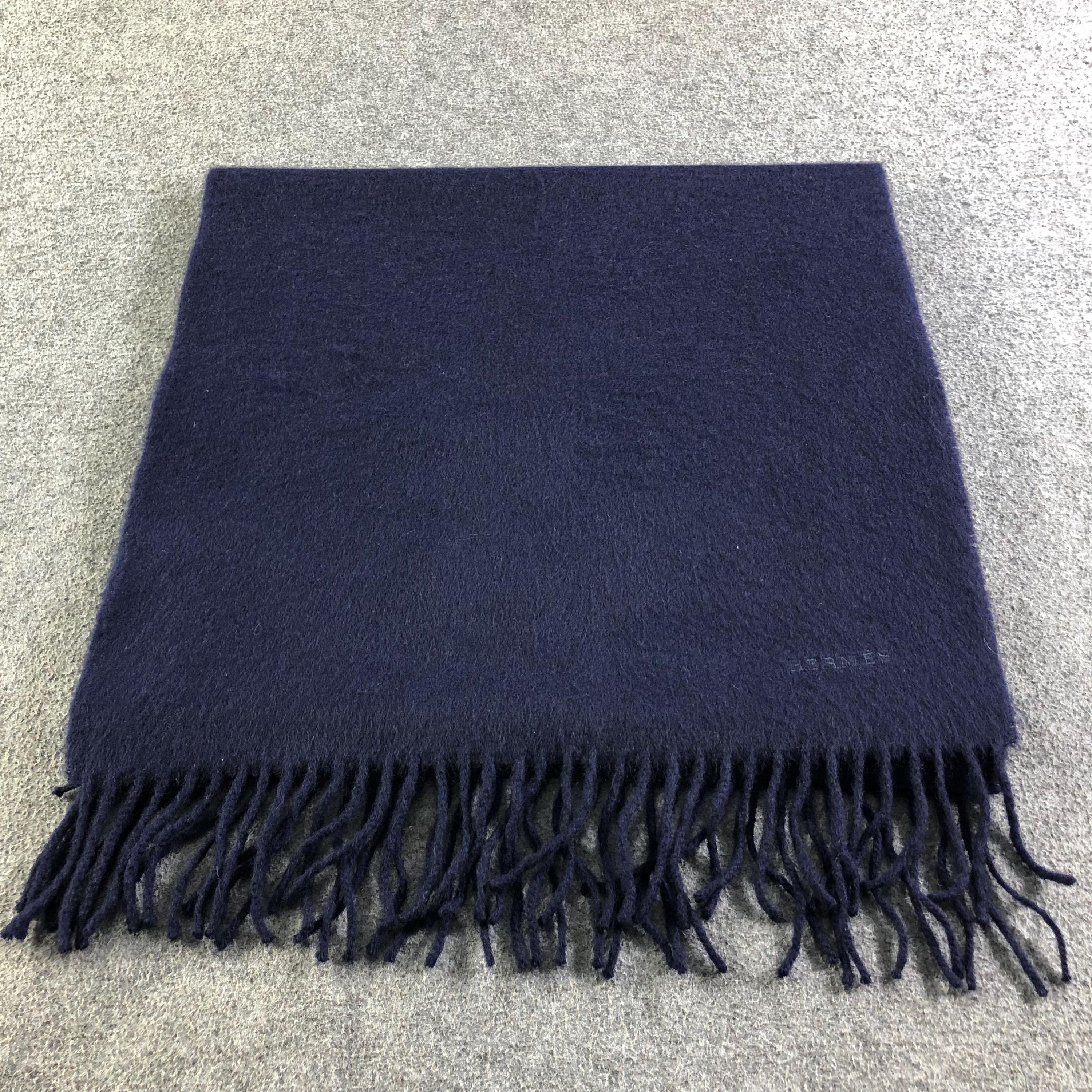 HERMES カシミヤ 100% ブランケット ネイビー Vintage Hermes Paris Navy Blue Cashmere Scarf, 100% Cashmere Made