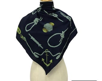 Vintage McDavid Silk Scarf Nautical Marine Theme, Navy Blue Silk Neck Scarf with Anchor Rope Knot Pattern, Hand Rolled Hem, Large Square