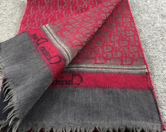 Vintage Christian Dior Oblique Scarf Burgundy & Navy Blue Wool