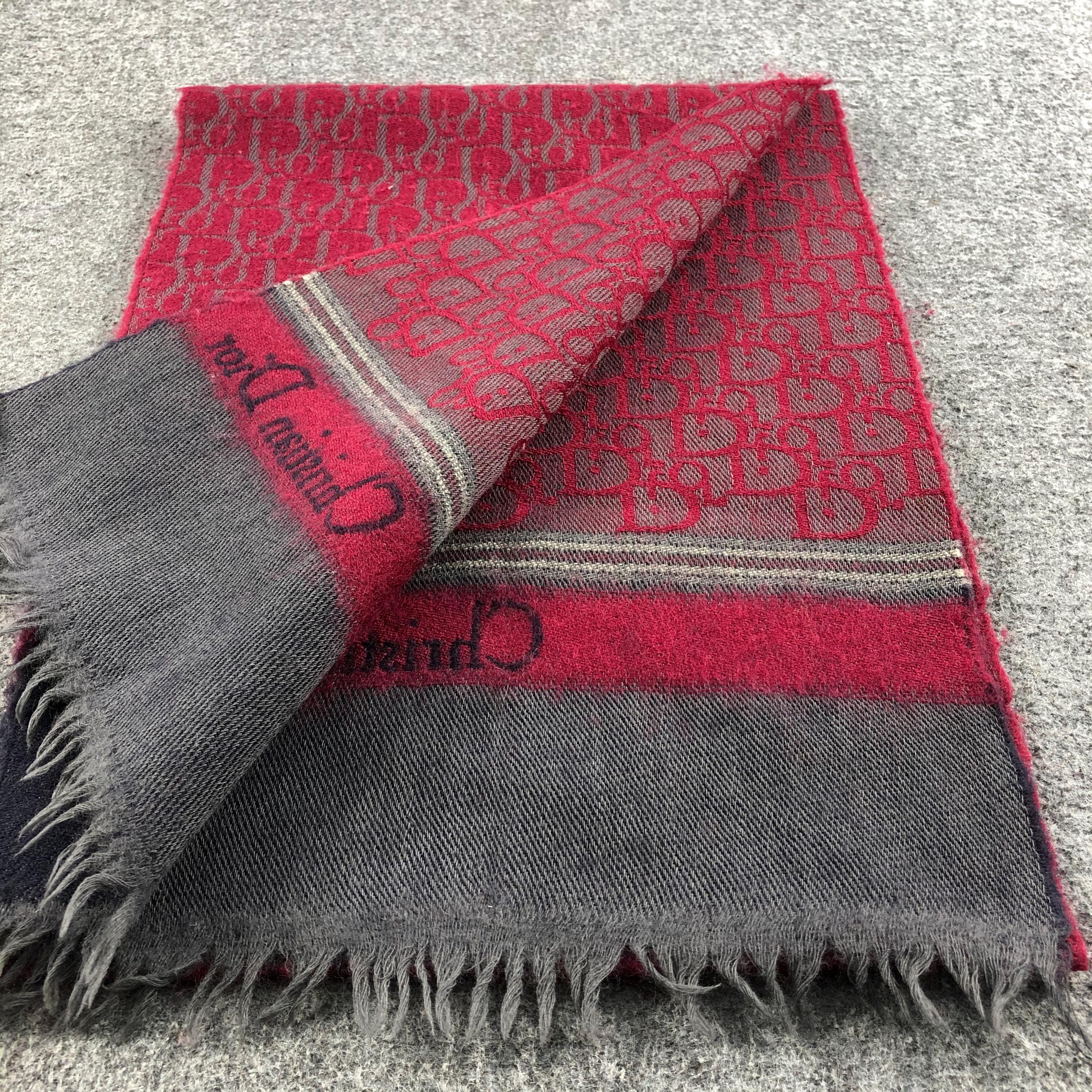 Vintage Christian Dior Oblique Scarf Burgundy & Navy Blue Wool