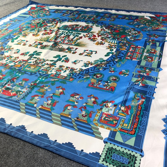 Vintage Hermes Silk Scarf Astres Et Soleils, Hand Rolled Hem, Blue