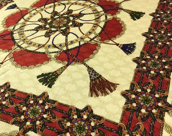 Vintage Celine Paris Silk Scarf Handkerchief, Red Gold Tassel Chain Print Pocket Square, Designer Neck Scarf, Authentic Celine Bandana 58cm