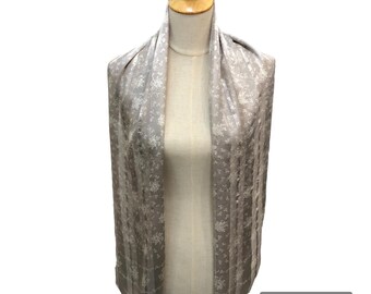 Vintage Diane von Furstenberg Silk Scarf, Silver Grey Floral Jacquard Silk Wrap, Shimmer Stripe Long Neck Scarf, Elegant Silk Shawl for Her