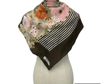 Vintage P.A.S. Simone Oddou Silk Scarf, Brown Floral Striped Square Neck Scarf, 100% Silk Made in Japan, Hand Rolled Hem, 30x30 Large Wrap