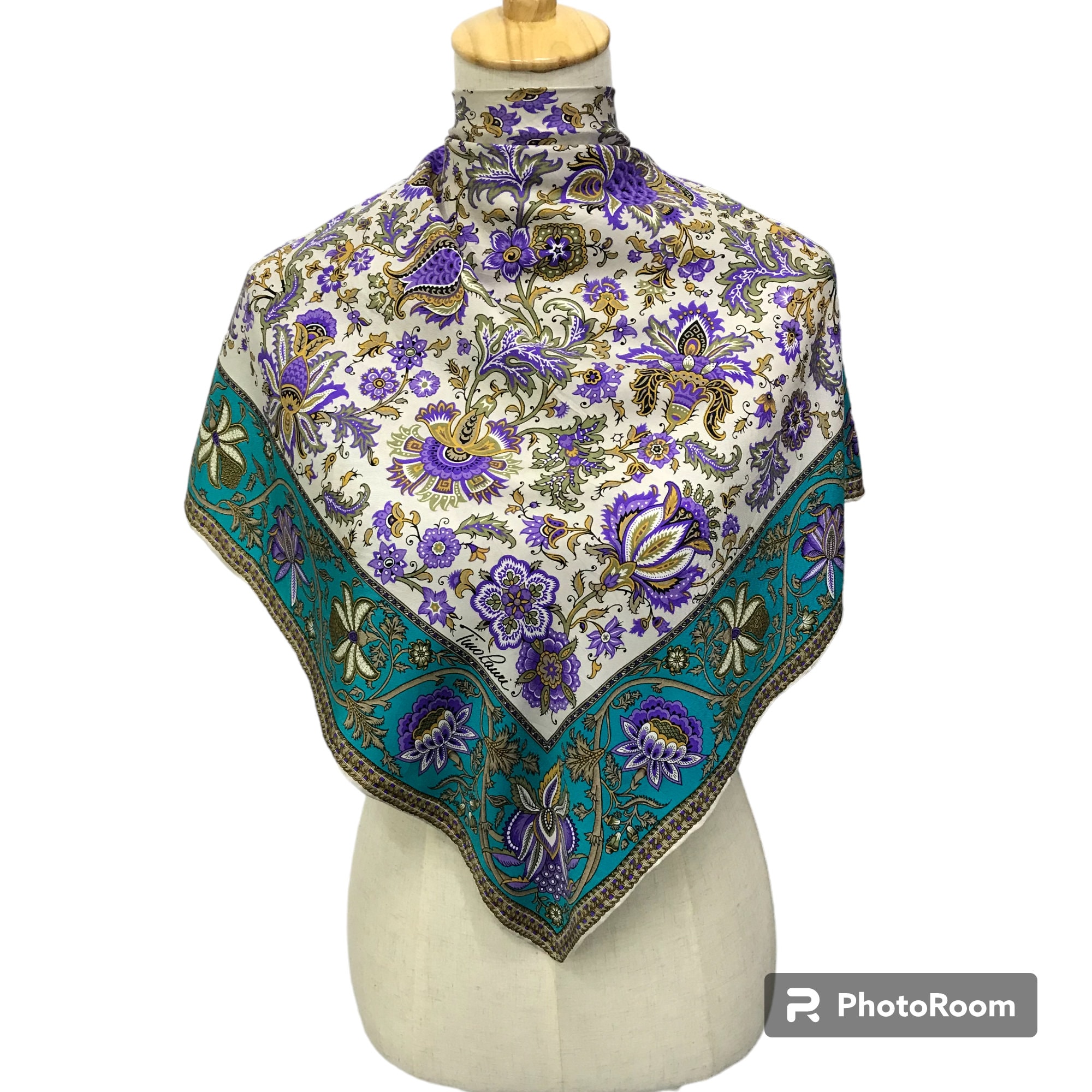 Vintage Tino Lauri Silk Scarf, Purple Teal Floral Paisley Print