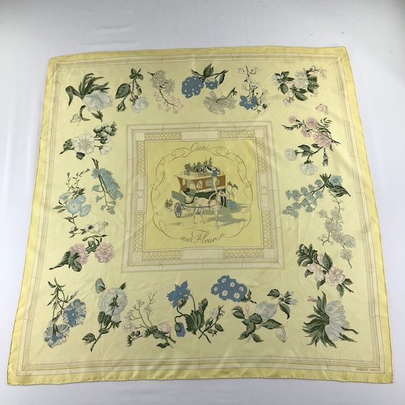 Vintage Authentic Hermes Paris Quai Aux Fleurs Silk Scarf, Yellow