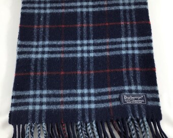 Vintage Burberrys of London Navy Blue Plaid Scarf 100% Lambswool