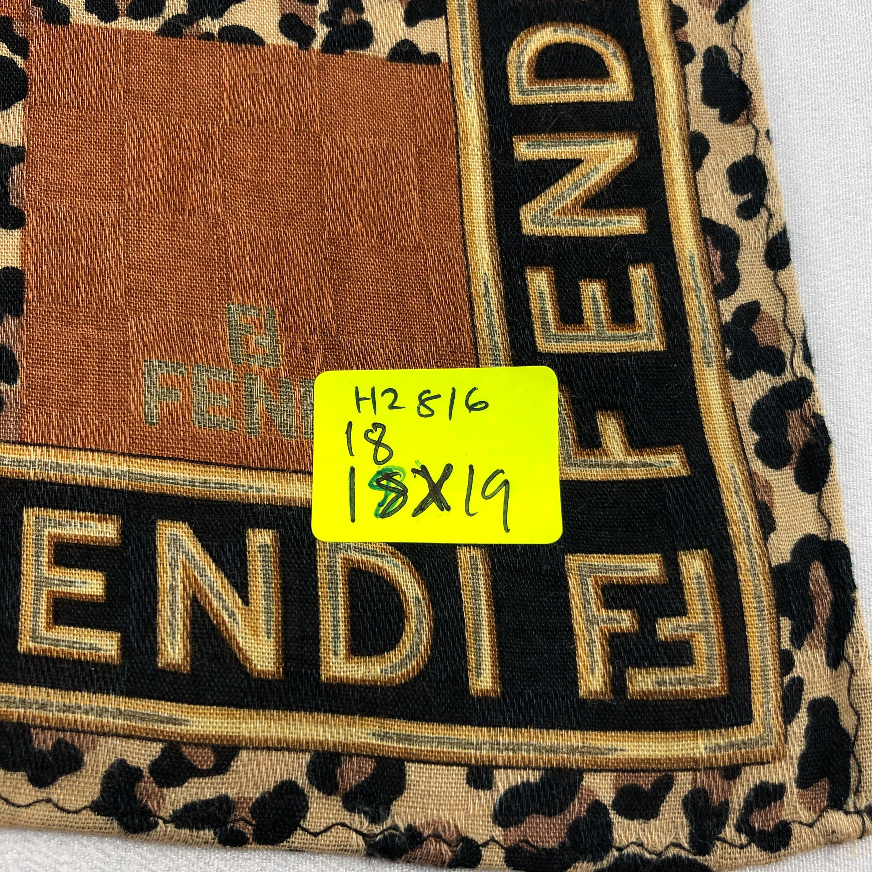 Vintage Fendi Handkerchief, Brown Checkerboard Leopard Print