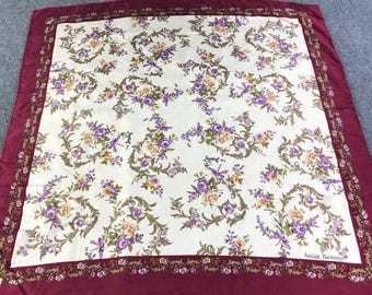 Vintage Antique Harmonize Silk Scarf, Burgundy Purple Floral Square Scarf, 100% Silk Twill Wrap Hand Rolled Hem 34x34 Large Scarf 80's Style