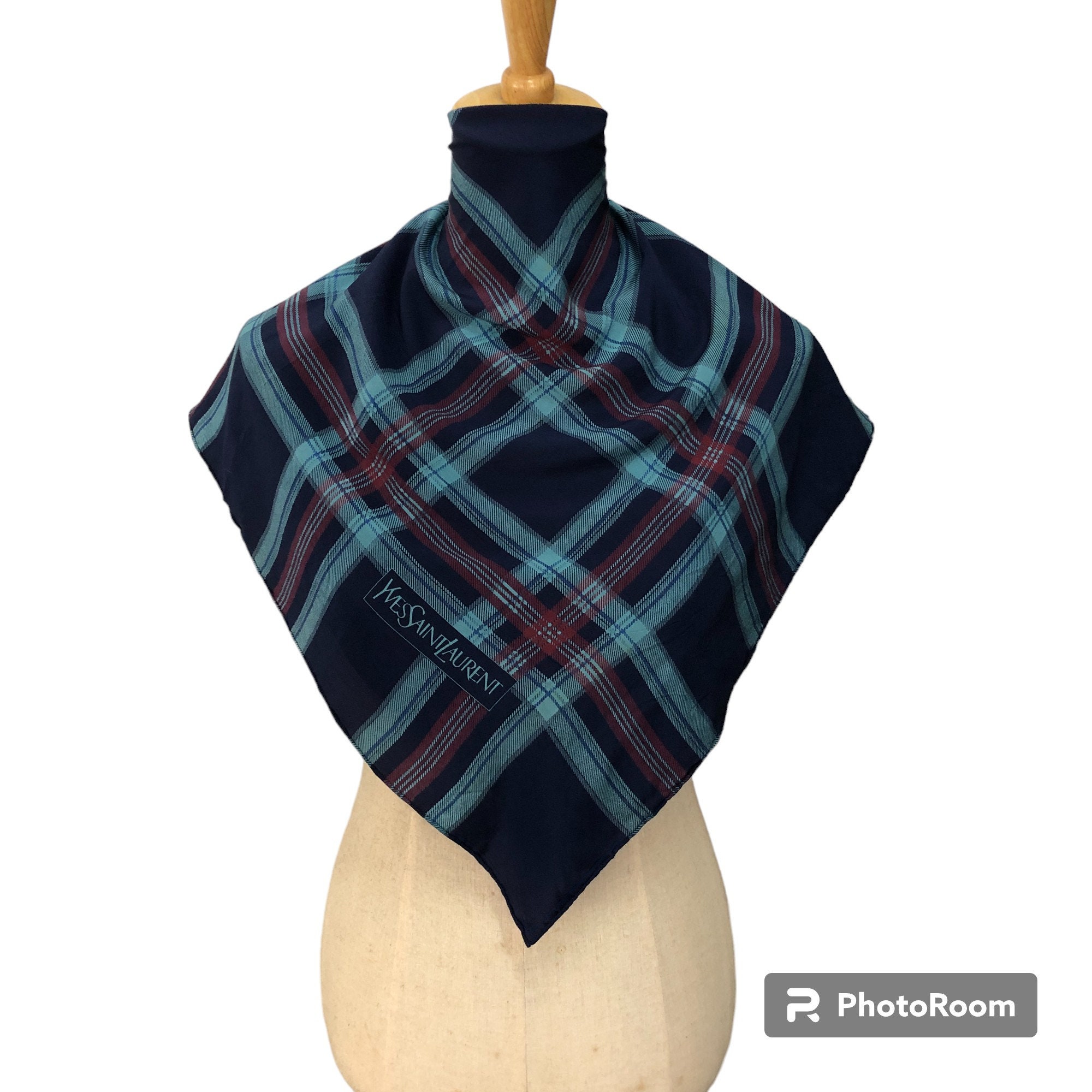 YSL Yves Saint Laurent black Blue Handkerchief Plaid Logo Cotton Scarf 18\