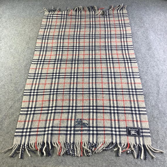 Vintage Burberrys Wool Blanket Scarf, Grey Nova Check Plaid Shawl