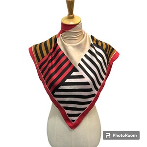 Vintage Moonbat Japan Silk Scarf, Retro Red Black Gold Striped Patchwork Square Muffler, Geometric Colorblock Neckerchief, Deco Bandana Wrap
