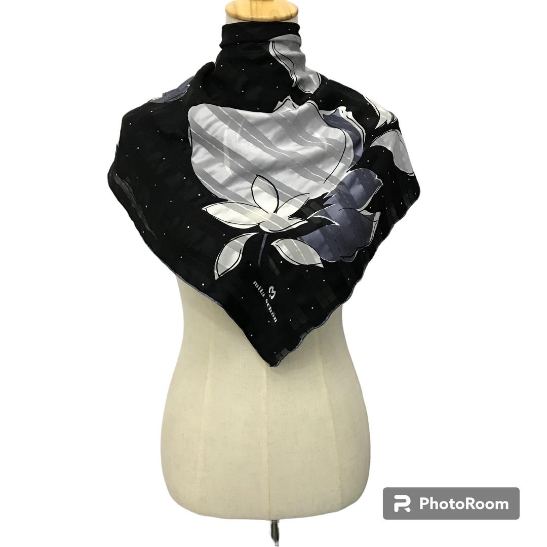 Vintage Mila Schon Silk Scarf Black Floral Square Neck Head Wrap