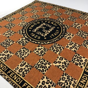 Vintage Fendi Handkerchief, Brown Checkerboard Leopard Print