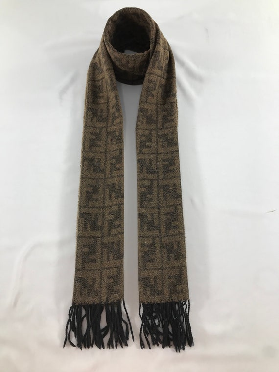 Vintage Fendi Zucca Scarf Brown Wool Monogram FF Logo, Made in