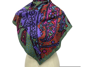 Vintage Jim Thompson Thai Silk Scarf Large Square Paisley Floral Hand Rolled Edges Purple Pink Green Silk Wrap Authentic Designer Scarf
