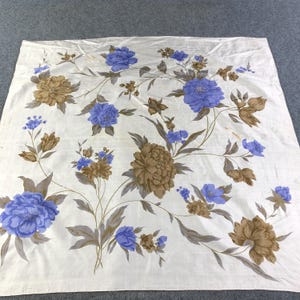 Vintage Thai Silk Scarf, Blue Brown Floral Peony Pattern Square Bandana, Hand Rolled Hem Wrap, Retro Luxury Head Neck Scarf Accessory Women