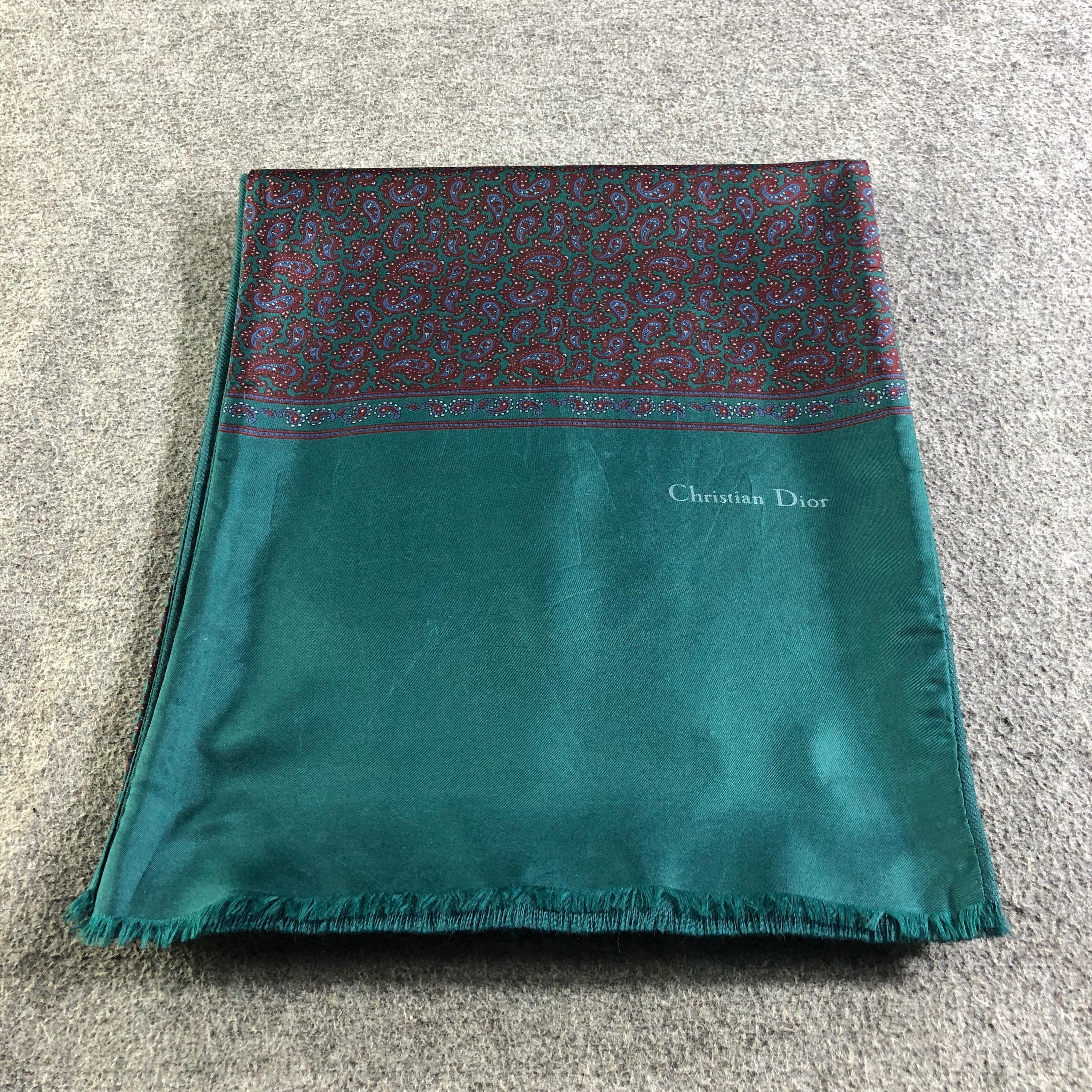 Vintage Christian Dior Scarf Green Paisley Silk Wool Blend Luxury