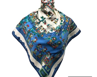 Vintage Hermes Astres et Soleils Silk Scarf, Annie Faivre Aztec Maya Blue Carre 90, Designer Silk Head Scarf, Hand Rolled Hem Made in France