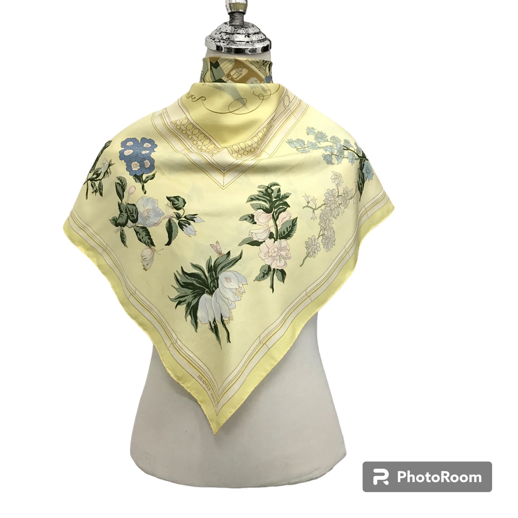 Vintage Authentic Hermes Paris Quai Aux Fleurs Silk Scarf, Yellow
