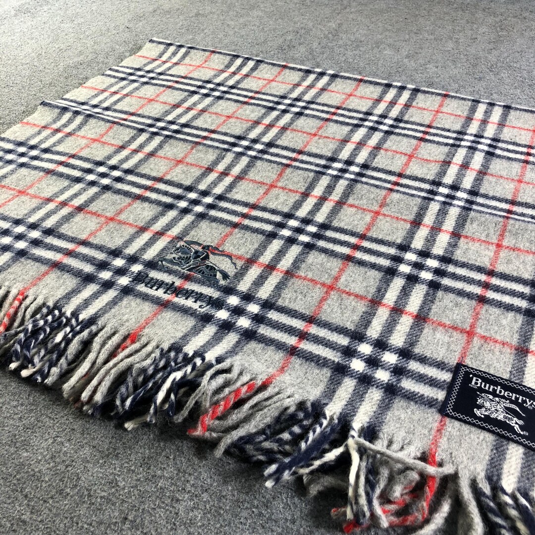 Vintage Burberrys Wool Blanket Scarf, Grey Nova Check Plaid Shawl