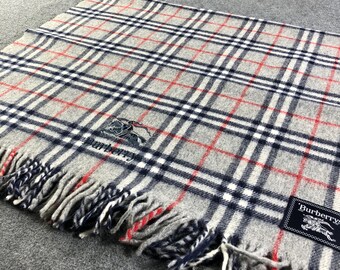 Vintage Burberrys Wool Blanket Scarf, Grey Nova Check Plaid Shawl