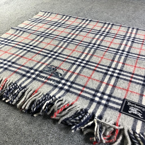 Vintage Burberrys Wool Blanket Scarf, Grey Nova Check Plaid Shawl