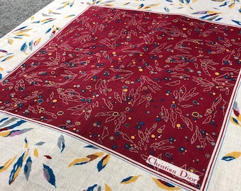 Vintage Christian Dior Handkerchief, Burgundy Leaf Print Cotton Pocket Square, Authentic Designer Neck Tie, Hand Rolled Hem, Made in Japan