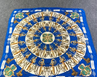 Vintage Lucrezia Italy Silk Scarf, Blue Gold Equestrian Sword Tassel Print, Square 33x33 Hand Rolled Scarf, Elegant Designer Neck Scarf Wear