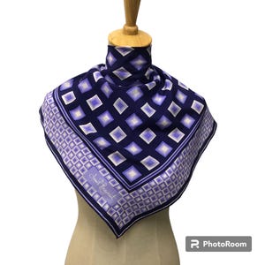 Vintage Jean P Brigardiot Unisex Silk Scarf Hand Rolled Hem Geometric Square Pattern Purple Navy Blue Bandana Neckwear Designer Accessory