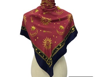 Vintage Celestial Silk Scarf, Sun Moon Star Astrology Print, Navy Blue Maroon Head Wrap, Large Square Silk Scarf with Hand Rolled Hem, 33"