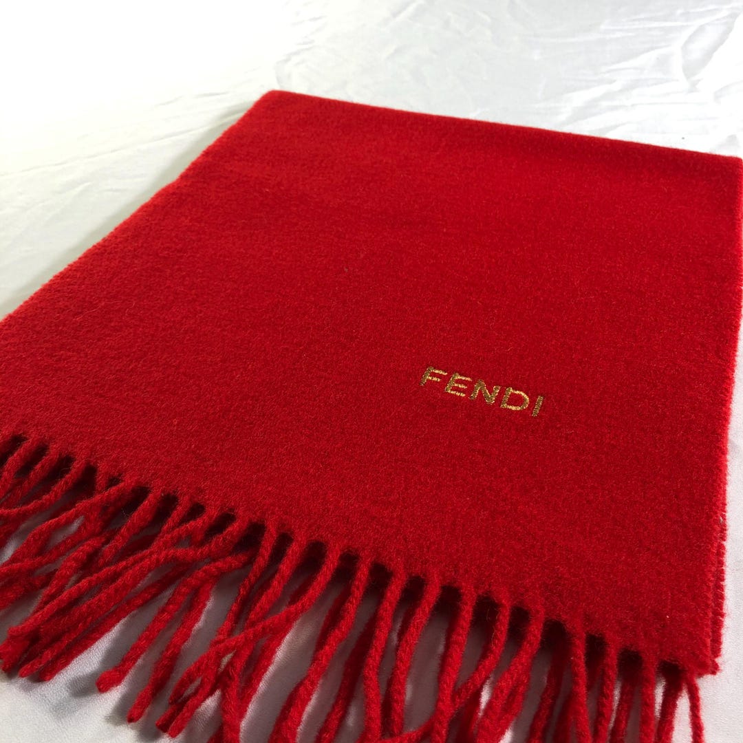 Vintage Fendi Red Wool Scarf, Authentic Fendi Roma Embroidered