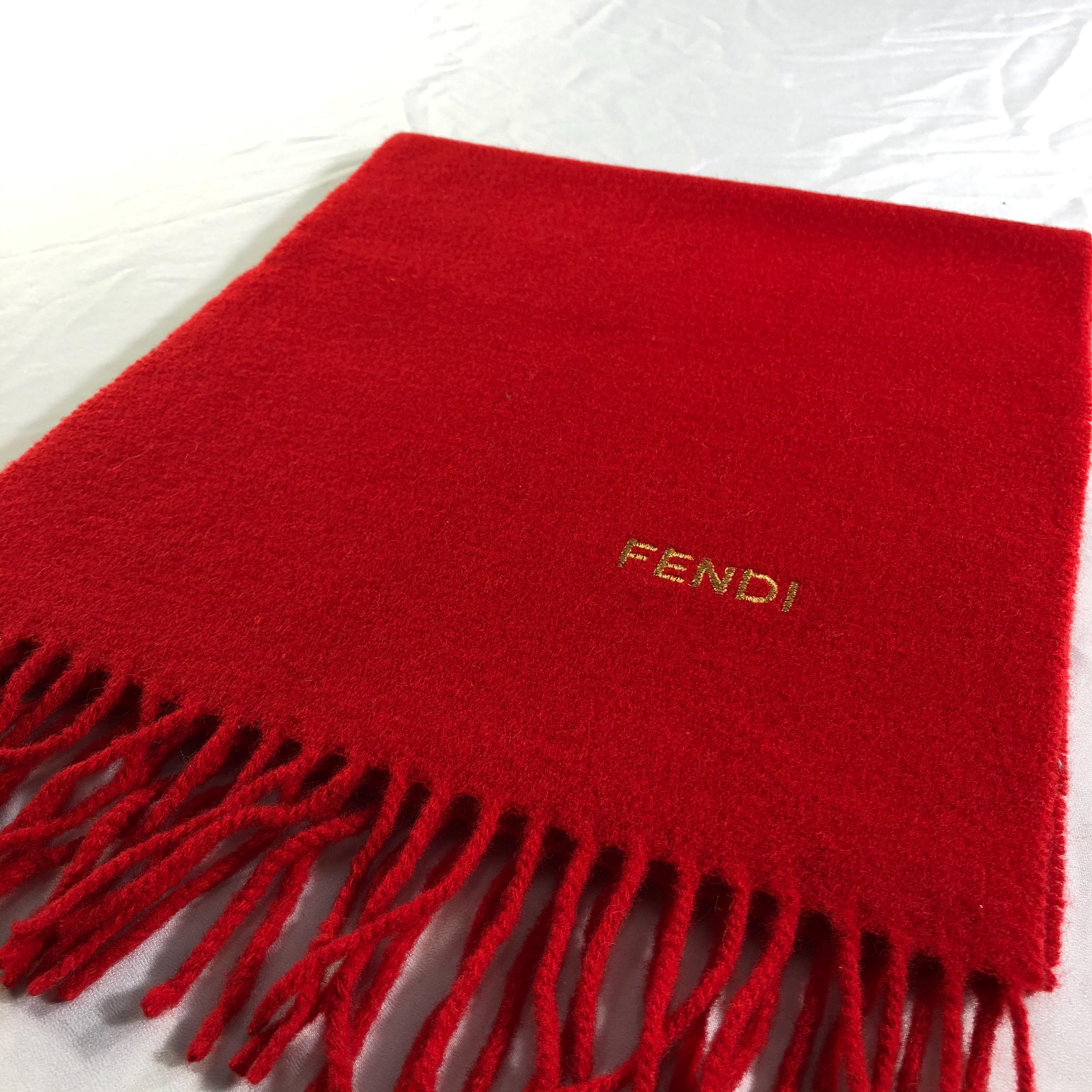 FENDI ウールリブマフラー Vintage Fendi Red Wool Scarf, Authentic Fendi Roma Embroidered