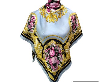 Vintage Emilio Rolla Paris Silk Scarf Floral Rose Gold Baroque Chain Blue Square Neck Scarf 41x41 Made in Japan Moonbat Designer Foulard