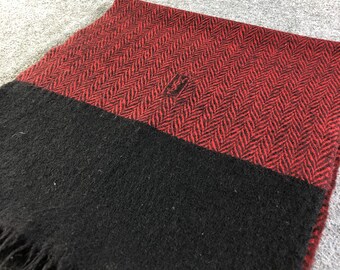 Vintage Yves Saint Laurent YSL Scarf, Red Black Herringbone Wool Muffler, Made in West Germany, Authentic Designer Winter Neckwear Accessory