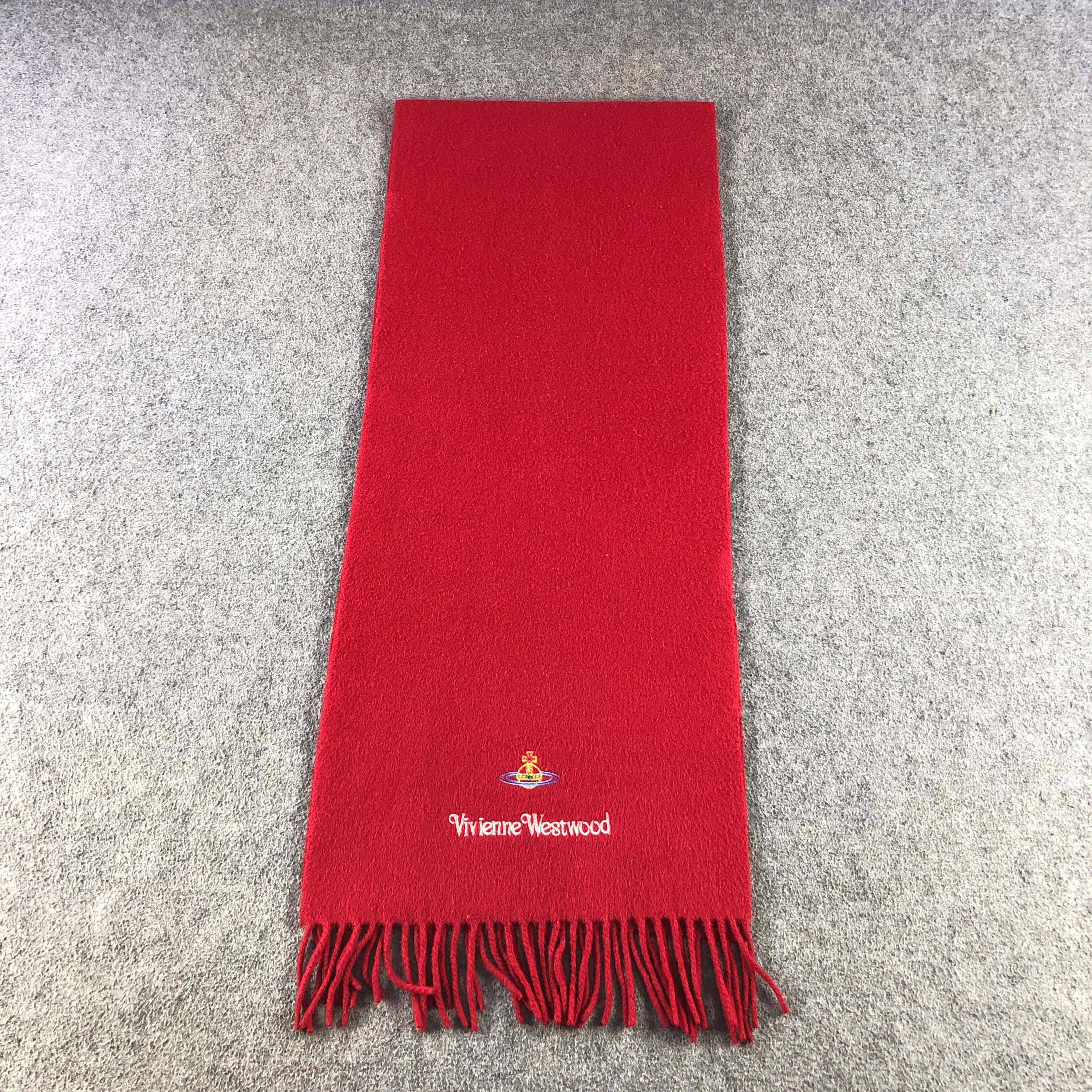 Vintage Vivienne Westwood Red Wool Scarf, Embroidered Orb Logo