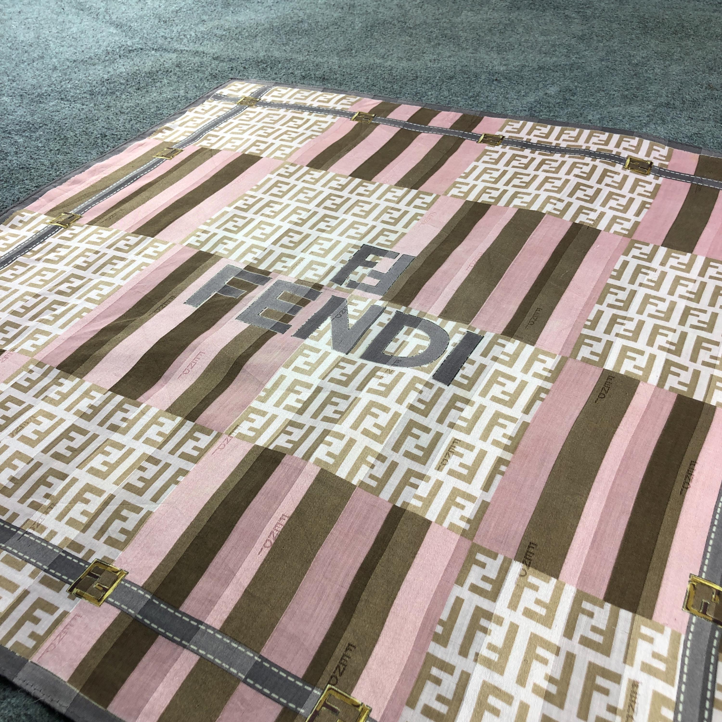 Vintage Fendi Zucca Monogram Silk Scarf, Pink Brown Stripe Neck