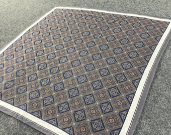 Vintage Yves Saint Laurent Handkerchief, YSL Blue Brown Geometric Medallion Print Cotton Pocket Square, Designer Scarf Accessory, 18x18