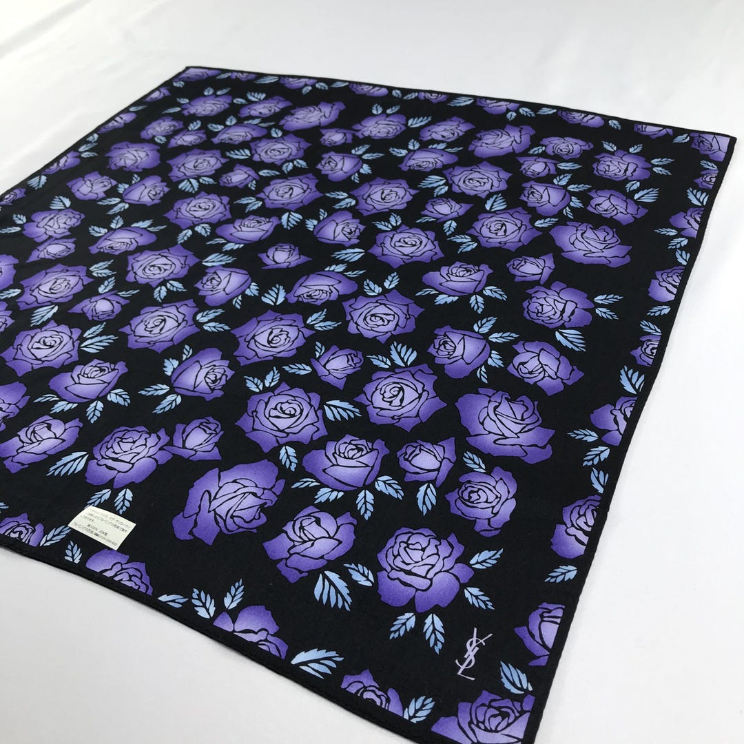 NWT Vintage Yves Saint Laurent Handkerchief, Black Purple Rose