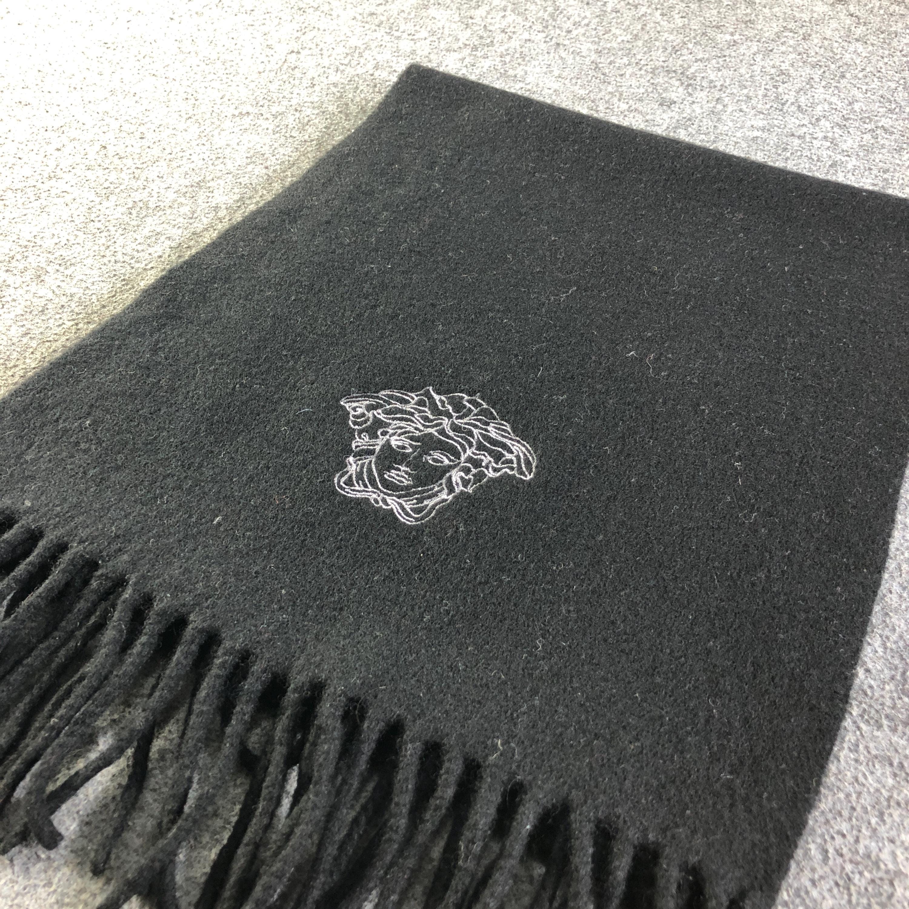 Vintage Versace Scarf Black Wool Cashmere Medusa Head Logo Made in